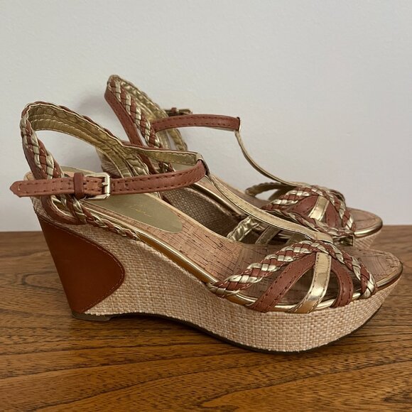 Marc Fisher Gold and Tan Summer Wedge Heels - Picture 2 of 5